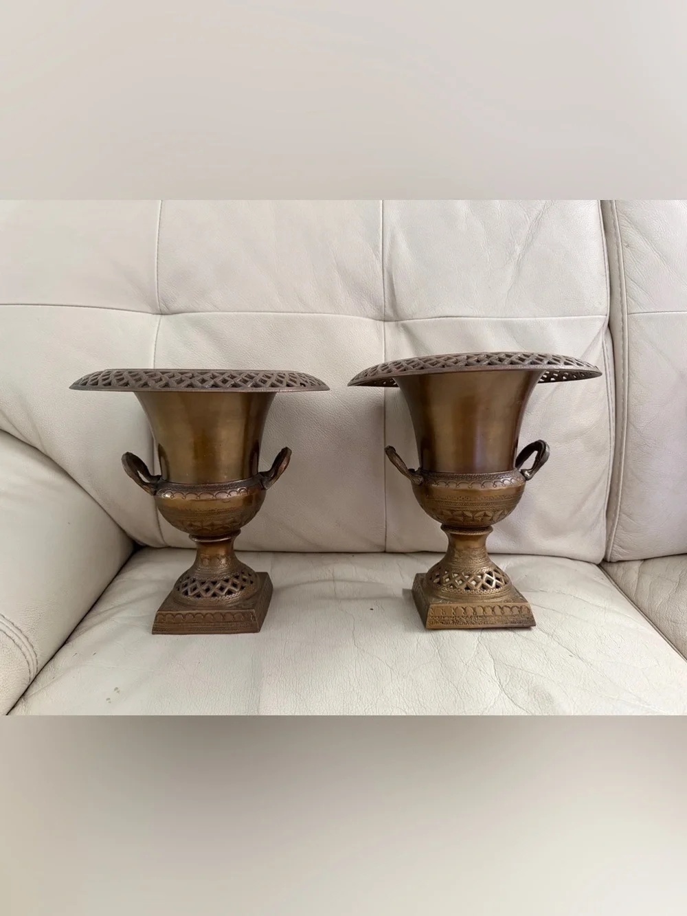 Vintage Brass Reticulated Trophy Urns Mantel Vases Pierced Pedestal Pair 9’’